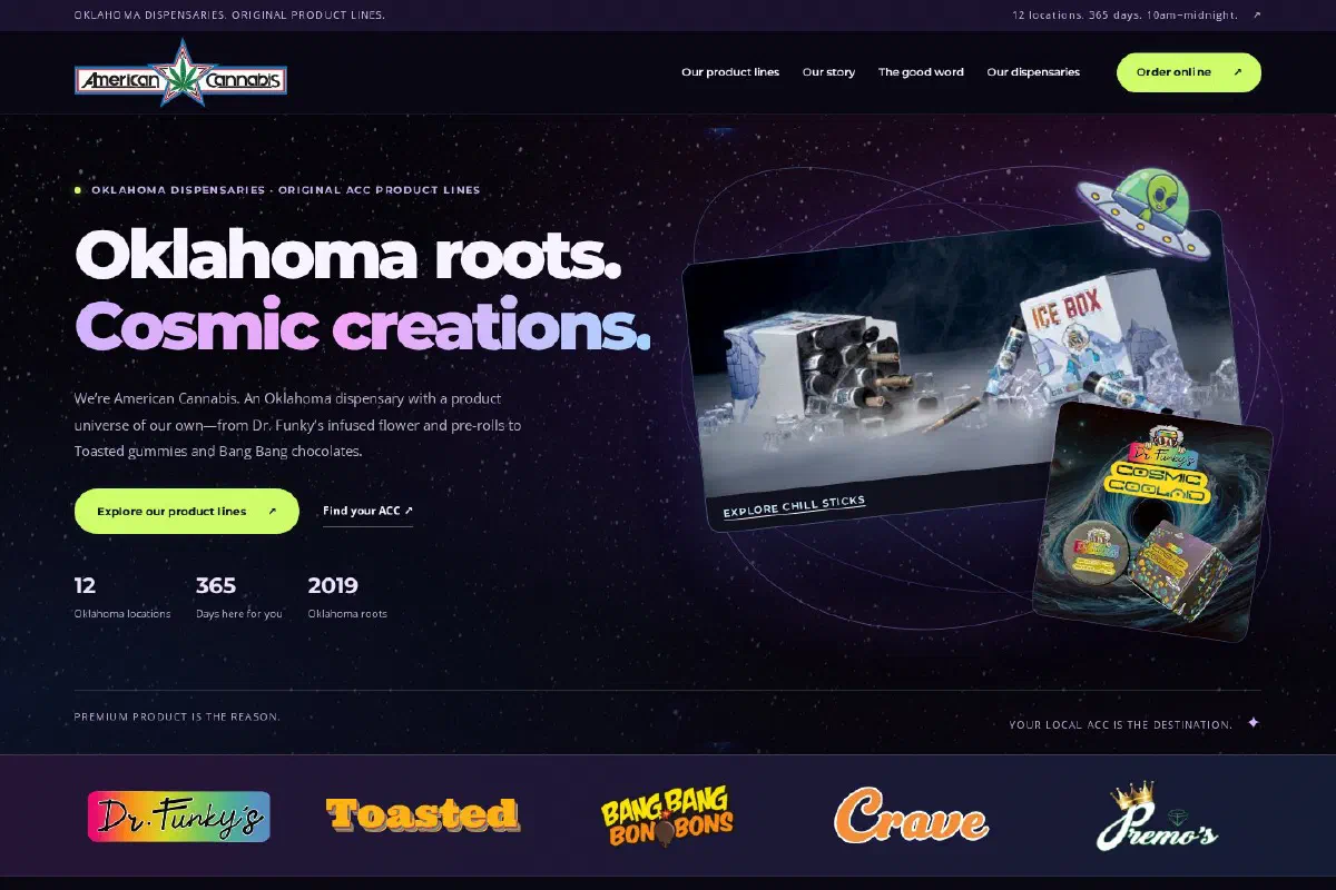 The American Cannabis Company Hugo rebuild with original brand artwork and a cosmic visual identity