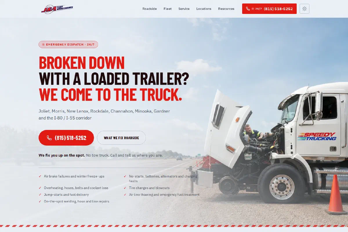 The J&A Fleet repository rebuild with truck repair positioning and a direct dispatch call to action